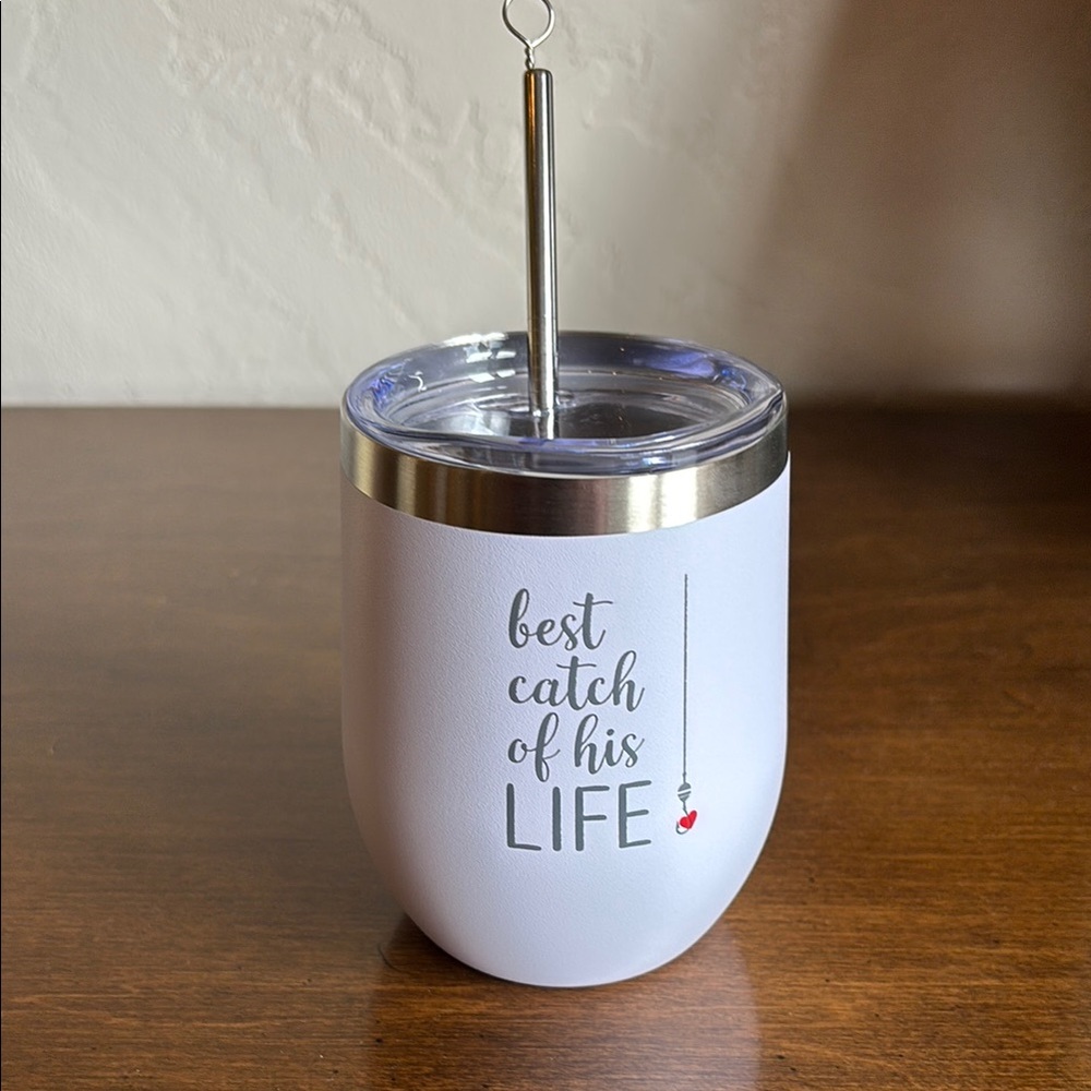 White Stainless Steel Wine Tumbler with Straw